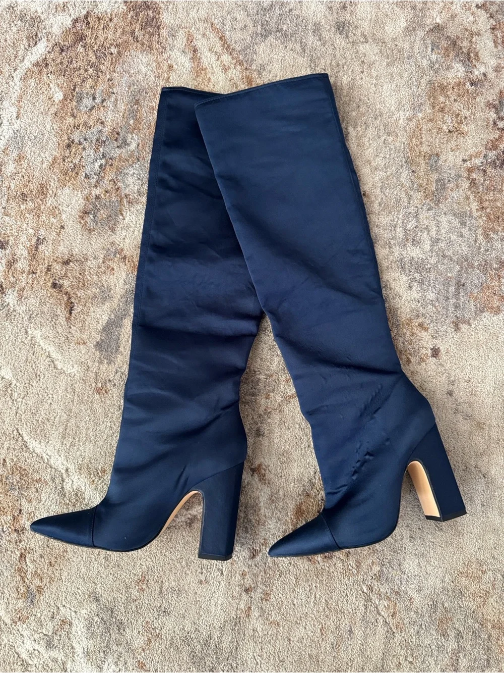 Zara Satin Navy Over-the-Knee Pointed Toe Block Heel Boots